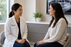Dental specialist consulting with adult patient in a calm clinic room, dental X‑ray visible.