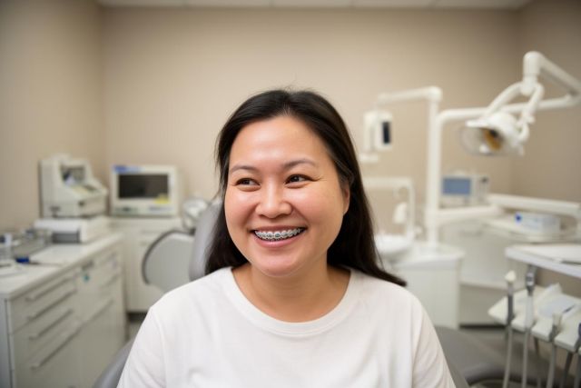 Smiling adult patient seated in a dental exam chair showing braces, illustrating adult orthodontic treatment.