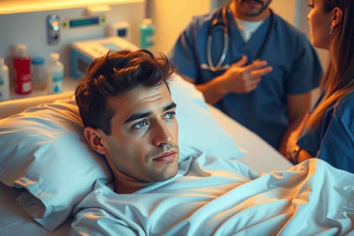 The image shows a man lying in a hospital bed, appearing to be unwell. He's wearing a white gown and appears to be looking at the medical staff who are attending to him. The environment suggests an emergency room setting with medical personnel providing care.