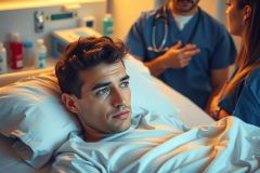 The image shows a man lying in a hospital bed, appearing to be unwell. He's wearing a white gown and appears to be looking at the medical staff who are attending to him. The environment suggests an emergency room setting with medical personnel providing care.