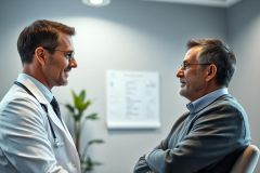 Doctor and patient consultation in a modern medical office. A male doctor in a white coat speaks with a male patient, both wearing glasses. The setting is a bright, clean room with a whiteboard visible in the background. Healthcare, medical exam, and patient care themes are evident.