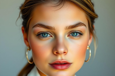 A close-up portrait of a woman with prominent blue eyes. She has a neutral expression on her face, featuring light pink lipstick and gold hoop earrings. The color tone is warm with subtle skin imperfections. There's no distinct background setting or additional context provided.