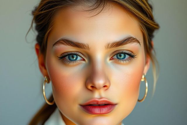 A close-up portrait of a woman with prominent blue eyes. She has a neutral expression on her face, featuring light pink lipstick and gold hoop earrings. The color tone is warm with subtle skin imperfections. There's no distinct background setting or additional context provided.