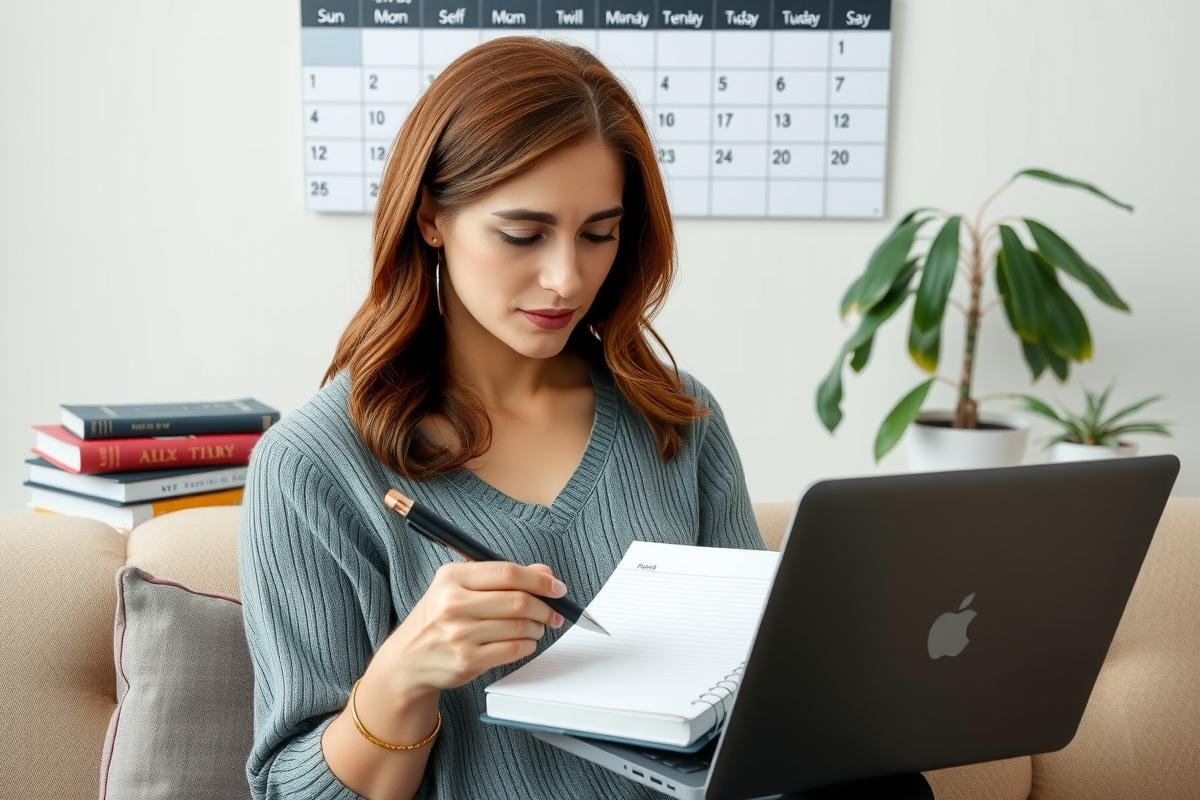 A young, professional woman is sitting on a couch with her laptop. She is wearing casual attire and appears to be engaged in work or study. The room has a minimalistic decor with a calendar visible behind her, suggesting she might be working from home or engaging in remote work.