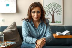 The image shows a woman seated on a couch. She is smiling and looking towards the camera, with her hands clasped together. The room appears to be a comfortable indoor space with decorative elements such as books and a framed picture on the wall in the background. The woman is wearing casual attire that includes a blue shirt and jeans.