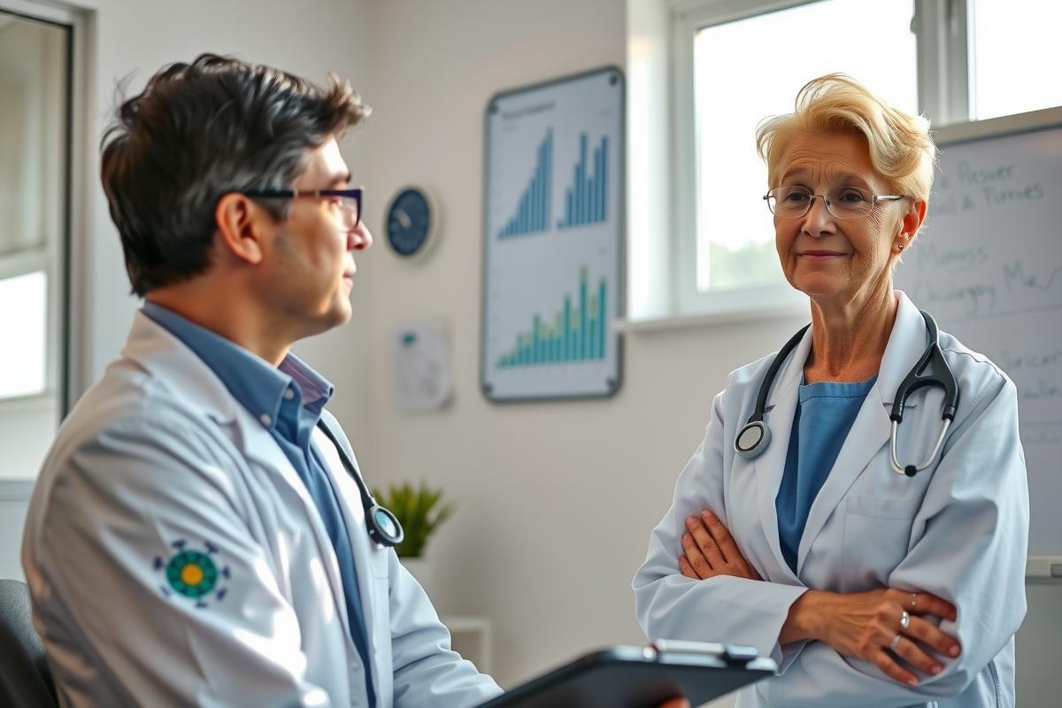 The image depicts a professional office environment with two individuals. One person is seated at a desk, wearing glasses and attire that suggests a medical profession. The other individual stands, holding a clipboard and dressed in a medical coat and stethoscope, also indicative of a medical background. They both appear to be engaged in a conversation or consultation, suggesting the setting is possibly a healthcare office or clinic.