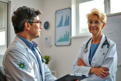 The image depicts a professional office environment with two individuals. One person is seated at a desk, wearing glasses and attire that suggests a medical profession. The other individual stands, holding a clipboard and dressed in a medical coat and stethoscope, also indicative of a medical background. They both appear to be engaged in a conversation or consultation, suggesting the setting is possibly a healthcare office or clinic.