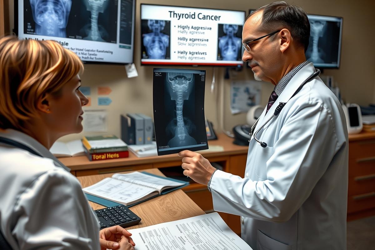 This image captures a moment between two medical professionals, presumably in an office setting. One individual appears to be sharing information with the other by pointing towards an X-ray image. Both are dressed in professional attire appropriate for a clinical environment.