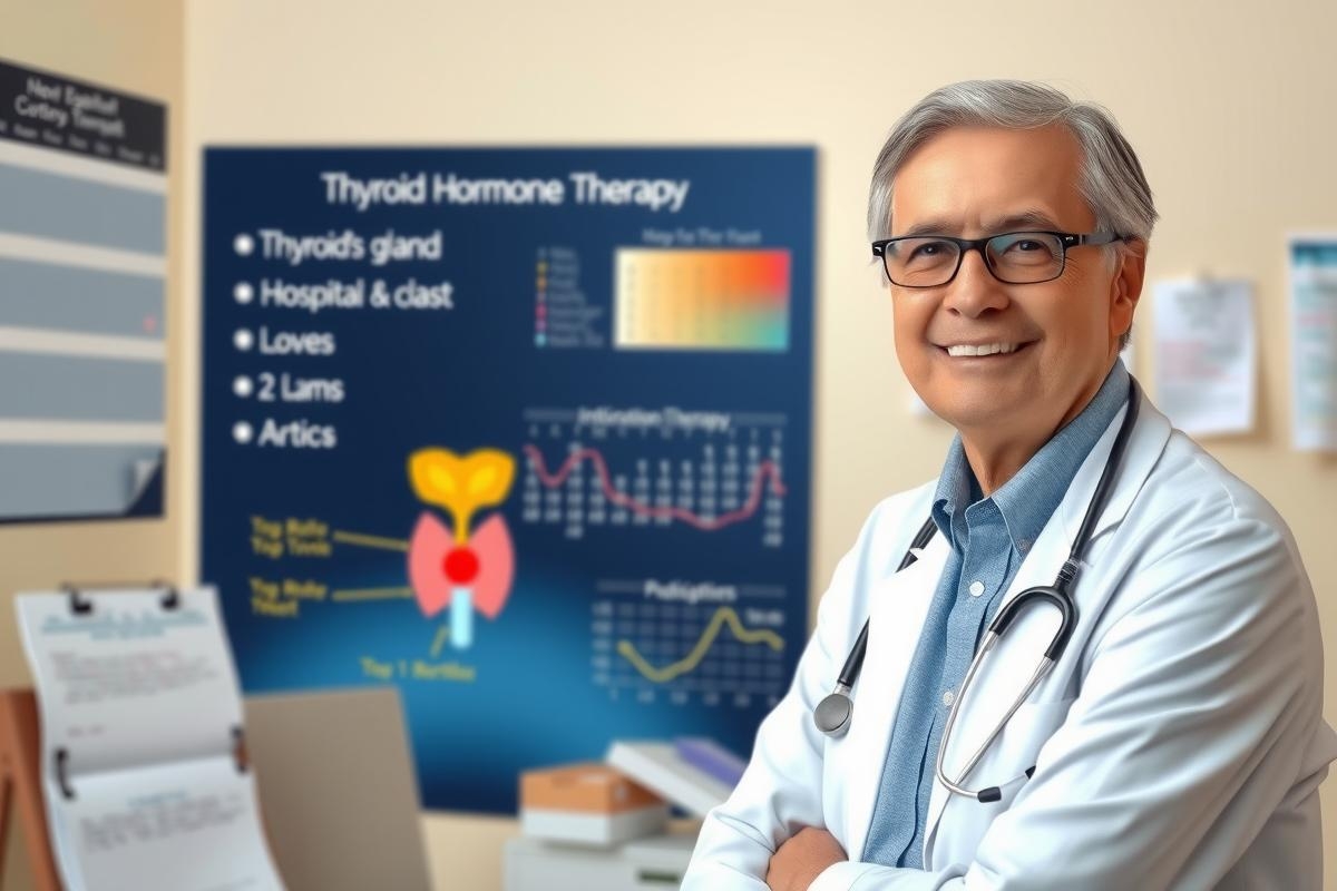The image shows a male medical doctor in a clinical setting. He is smiling and wearing glasses, indicating a friendly approach to his profession. Behind him are medical charts with notes, diagrams illustrating various health conditions, and a whiteboard with information on thyroid hormone treatment, suggesting an educational context for the image.