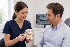 Dentist explaining porcelain veneer tooth preparation to a patient using a dental model.
