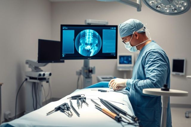 Surgeon in operating room preparing for hip surgery. Medical monitor displays X-ray image of pelvis. Surgical instruments are laid out on a sterile blue drape in a modern, brightly lit hospital setting. Focus on precision and healthcare technology.
