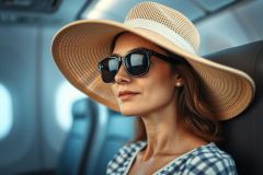 Stylish woman wearing a large straw hat and sunglasses, relaxing on an airplane. Warm tones and a comfortable travel scene evoke vacation vibes. Focus on fashion and travel photography.