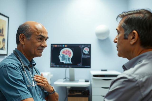 Doctor examining a patient in a clinic setting. The doctor, wearing a stethoscope, speaks with the patient while a brain scan is visible on a monitor in the background. Healthcare and medical consultation.