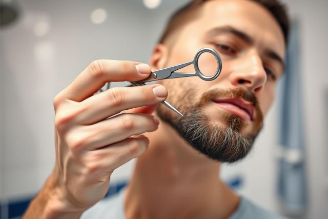 Man grooming his beard with small scissors in a bathroom setting. Close-up view shows a well-groomed gray beard and focused expression. Blue and white tones dominate the background. Image depicts men's grooming, facial hair care, and personal hygiene.