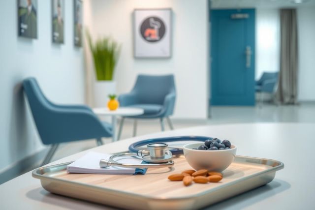 Healthcare setting featuring a metal tray with a stethoscope, fruit, and a notebook. The room has blue chairs and a modern aesthetic, suggesting a doctor's office or waiting area.