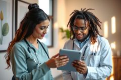 Two doctors, one female and one male, review data on a tablet. They wear medical scrubs and a stethoscope. The setting is a modern office with natural light. Healthcare professionals, medical consultation, digital tablet.