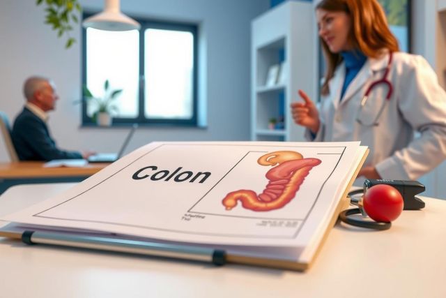 A medical drawing of the intestines, shown by a doctor on a table. A second doctor listens in a clinical setting. Focus on diagnostic consultation and anatomy.