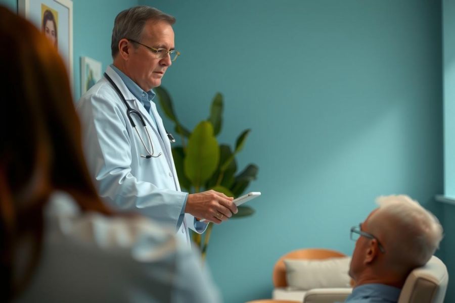 Doctor examines patient in a brightly lit office. Male doctor in a white coat uses a tablet while speaking with an elderly man during a medical consultation. Healthcare setting.