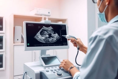 This image depicts a healthcare professional, a nurse who specializes in patient care, operating an ultrasound machine. The setting evokes a clean and well-equipped medical facility where a variety of medical equipment can be seen.