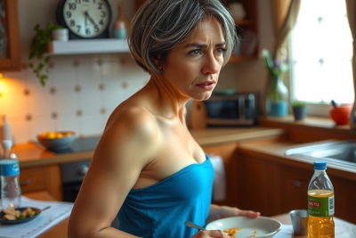 The photo shows a woman standing in the kitchen. She appears middle-aged and has short gray hair. She is wearing a blue dress and holding a plate, looking at the counter, seemingly absorbed in something on it.