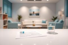 Modern living room interior with a blurred background featuring a white sofa, teal accents, and artwork. A glass of water and paperwork sit on a white table in the foreground, suggesting a relaxed, professional setting. Bright, airy and contemporary design.