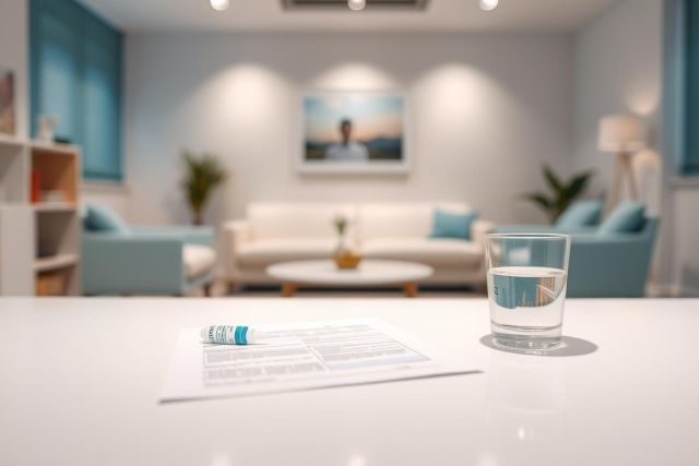Modern living room interior with a blurred background featuring a white sofa, teal accents, and artwork. A glass of water and paperwork sit on a white table in the foreground, suggesting a relaxed, professional setting. Bright, airy and contemporary design.