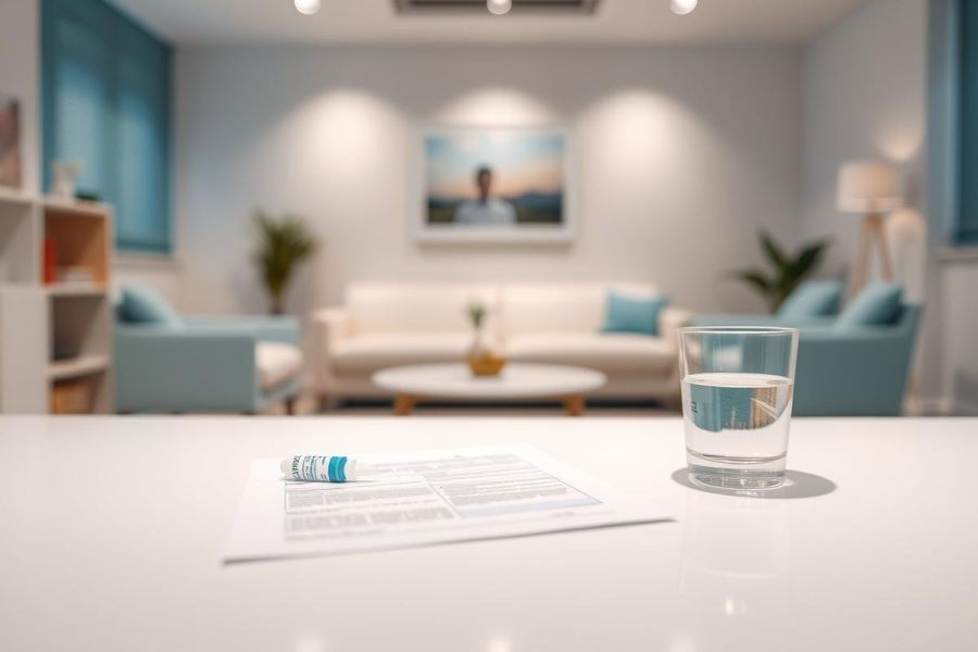 Modern living room interior with a blurred background featuring a white sofa, teal accents, and artwork. A glass of water and paperwork sit on a white table in the foreground, suggesting a relaxed, professional setting. Bright, airy and contemporary design.