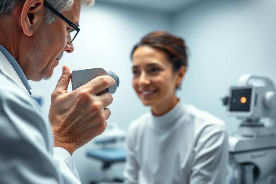 An optometrist examines a patient's vision using a handheld device in a modern eye care clinic. The scene features a man in a white coat and glasses, alongside a smiling woman. Blue and white tones dominate the clinical setting, highlighting eye exam technology and patient care.