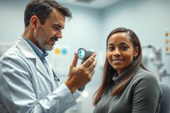 Doctor examining a patient's eye in a bright, modern clinic. The image features a male physician in a white coat using an ophthalmoscope on a female patient. Focus is on eye health and medical examination within a healthcare setting. Blue and white tones dominate the scene.