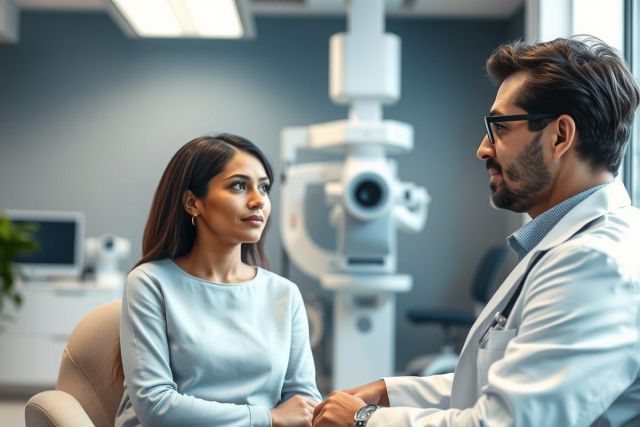 Doctor consults with a patient in a modern medical clinic. The image shows a healthcare professional in a white coat discussing with a woman, with medical equipment visible in the background. Soft blue and neutral tones dominate the scene, conveying a professional and reassuring atmosphere.