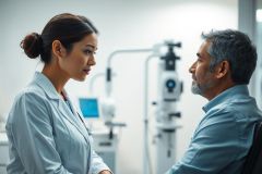 Healthcare professional consults with a patient in a modern eye exam clinic. The scene features a female doctor in a blue coat and a male patient, set against a backdrop of diagnostic equipment. Clean, bright lighting and a focus on facial expressions convey a medical consultation.