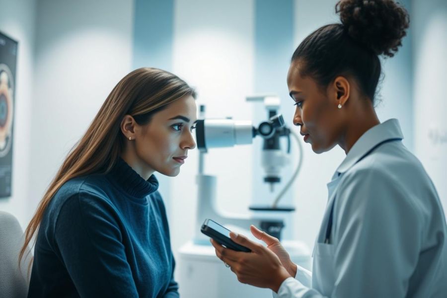 Optometrist examining a patient's eyes in a modern clinic. The scene features a female doctor in a white coat and a female patient undergoing an eye test with specialized equipment. Blue and white tones dominate, creating a professional healthcare setting. Focus on eye care and medical examination.