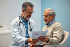 Doctor and elderly patient reviewing medical documents in a bright, modern clinic. Focus on healthcare consultation, medical examination, and patient care. Blue and white color scheme. Professional medical setting.