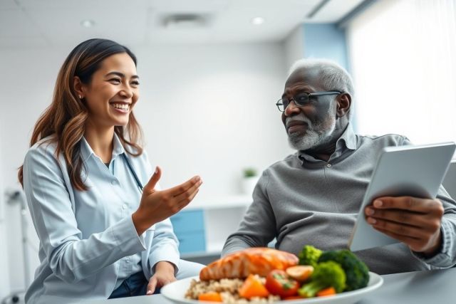 Caregiver assisting senior man with healthy meal and tablet. Image shows a warm, bright indoor scene with a focus on elder care, nutrition, and technology. Featuring a diverse pair, the scene promotes wellness and support for seniors.