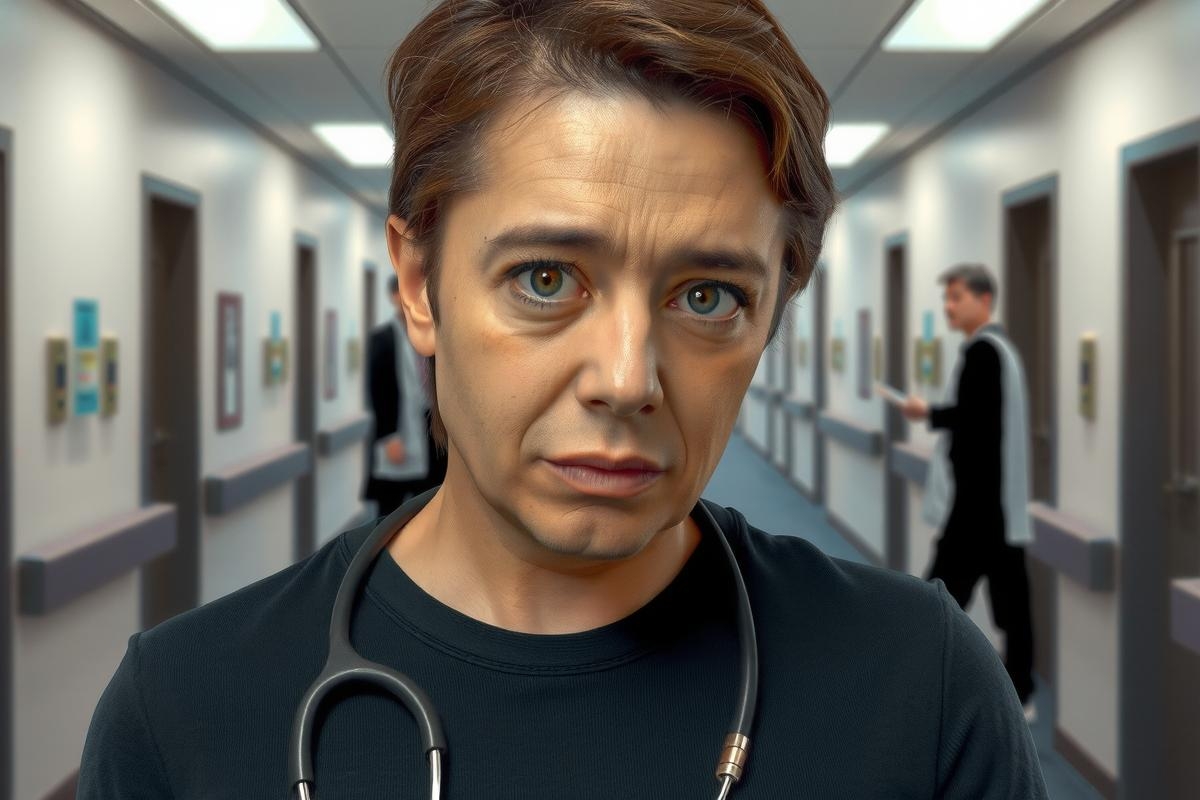 The image features a man dressed as a doctor standing in a hospital setting. He is wearing a medical coat and has his head slightly tilted, giving a concerned look to the viewer.