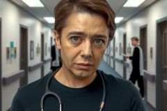 The image features a man dressed as a doctor standing in a hospital setting. He is wearing a medical coat and has his head slightly tilted, giving a concerned look to the viewer.