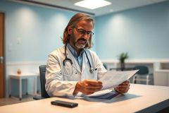 Focused male doctor in a white coat and glasses reviews medical documents in a modern, light blue office. Healthcare professional examining paperwork, likely for patient records or analysis. Clinical setting, professional, medical examination.