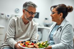 Doctor discusses healthy eating with a patient in a clinic. The image showcases a balanced plate of colorful fruits and vegetables alongside grilled chicken, promoting nutrition and wellness. A professional healthcare setting with a focus on diet and lifestyle choices.