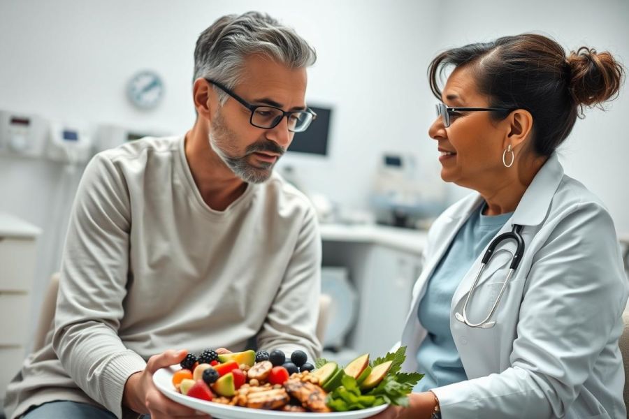 Doctor discusses healthy eating with a patient in a clinic. The image showcases a balanced plate of colorful fruits and vegetables alongside grilled chicken, promoting nutrition and wellness. A professional healthcare setting with a focus on diet and lifestyle choices.