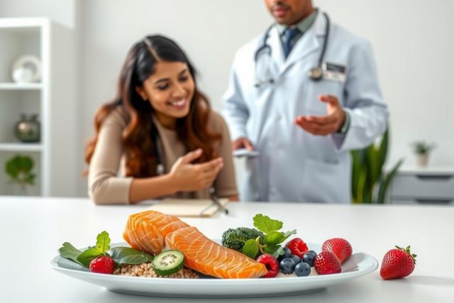 Healthy food plate with grilled salmon, berries, and greens. A doctor in a white coat observes, suggesting a focus on nutrition and wellness. Bright, natural light.