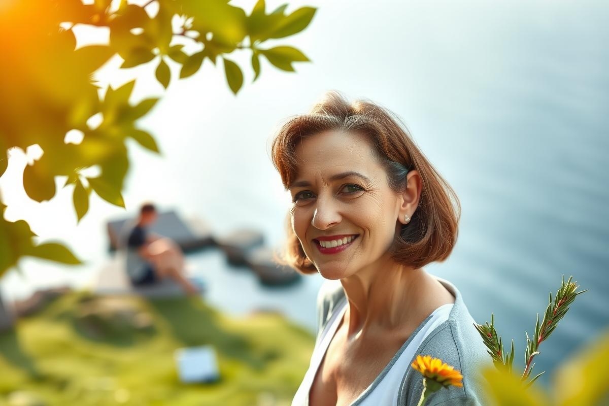 The image features a woman standing outdoors with lush greenery around her. She has light-colored hair and is wearing casual clothing, suggesting a relaxed setting.