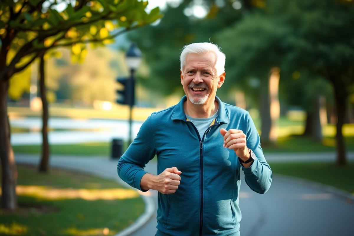 The photo shows a man jogging in a city park. He's wearing comfortable athletic clothes. The setting is full of greenery and paved paths, typical of a city park or trail.