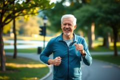 The photo shows a man jogging in a city park. He's wearing comfortable athletic clothes. The setting is full of greenery and paved paths, typical of a city park or trail.
