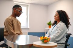 Doctor consults with a patient in a modern office setting. The scene features a healthcare professional in a white coat speaking with a man seated across from her at a table. The room is brightly lit with a blue chair and a table vase.