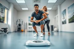 Fitness assessment in a modern gym. A man in athletic wear squats while looking at a scale, with a female trainer assisting. Blue and neutral tones dominate the clean, bright space featuring exercise equipment and motivational posters. Focus on health, weight management, and personal training.