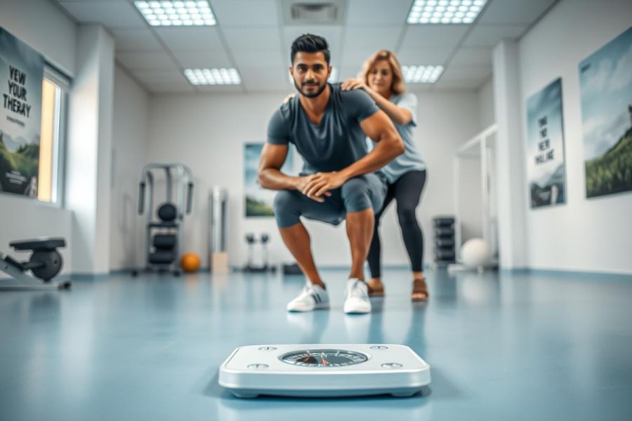 Fitness assessment in a modern gym. A man in athletic wear squats while looking at a scale, with a female trainer assisting. Blue and neutral tones dominate the clean, bright space featuring exercise equipment and motivational posters. Focus on health, weight management, and personal training.