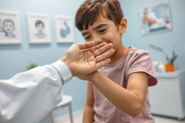 Doctor examining a child's arm in a blue medical clinic. Focus on a gentle touch during a checkup. Healthcare setting with framed art and a calming atmosphere. Pediatric care, child health, doctor visit.