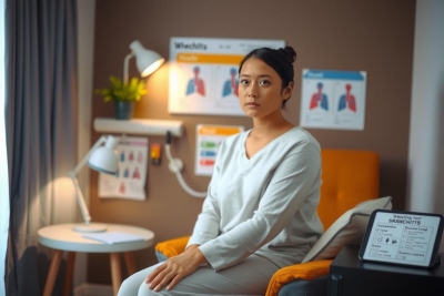 The image features a woman sitting in an office-like environment. She is dressed in a white shirt and appears to be engaged in a conversation or waiting for someone.