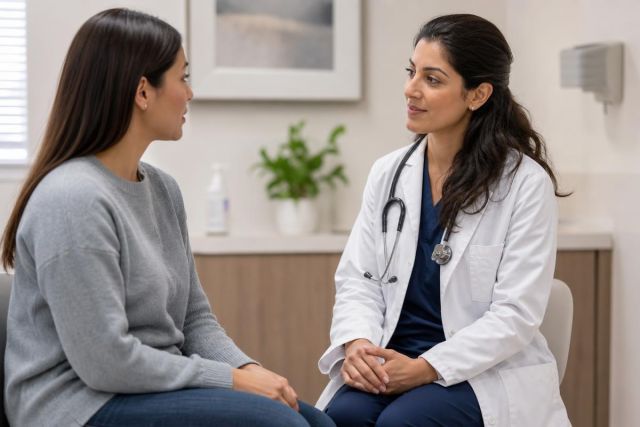 Doctor consulting with patient in an exam room, calm clinical setting for symptom discussion