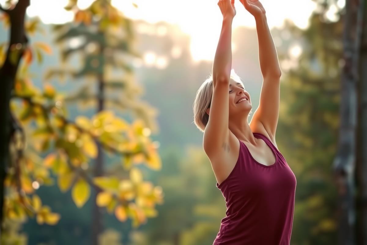 A woman, dressed in a maroon tank top, is outdoors, possibly at sunrise or sunset, given the warm light. She is engaged in yoga and appears to be performing a forward bend with her hands upwards as if she's reaching for something.